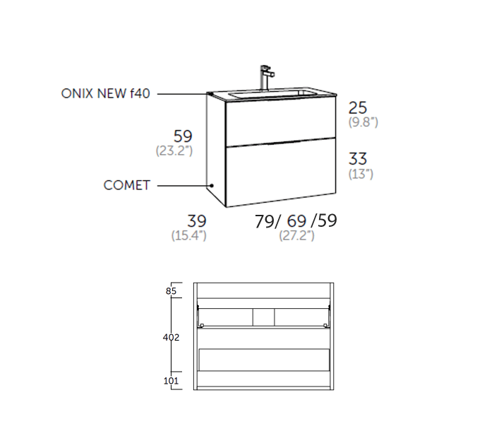 Conjunto mueble de baño fondo reducido 41cm Coycama Comet tirador negro Croquis 7