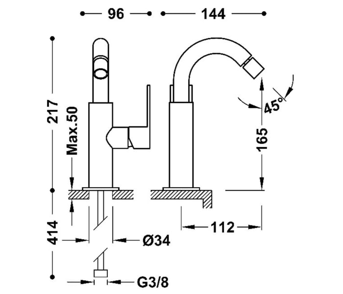 Grifo de bidé Tres Loft Croquis 1