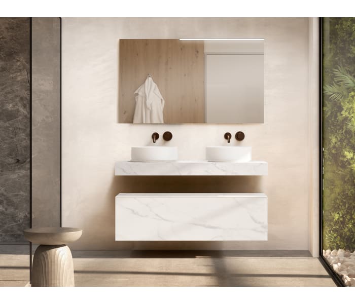 Mueble de baño con encimera de madera 10 cm de altura en color Cala con cajonera Visobath Nomad Principal 2