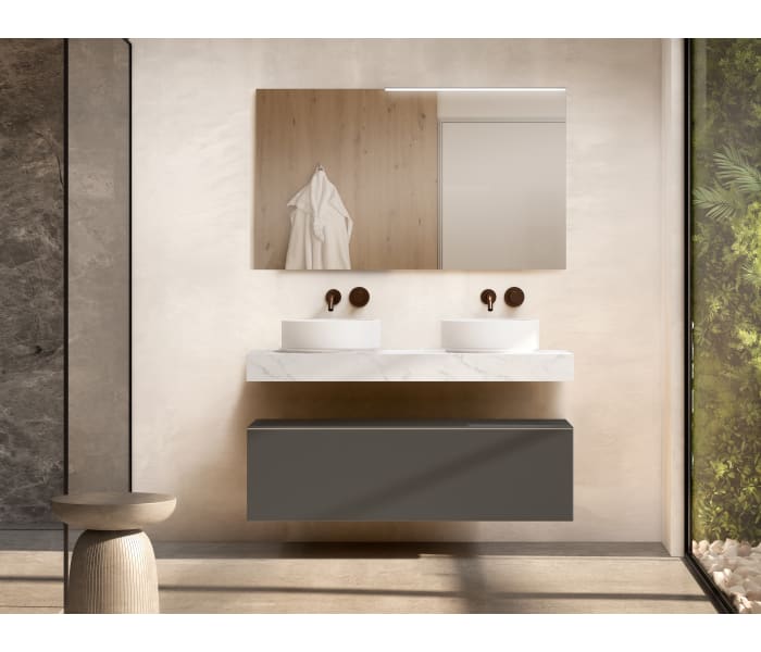 Mueble de baño con encimera de madera 10 cm de altura en color Cala con cajonera Visobath Nomad Principal 0