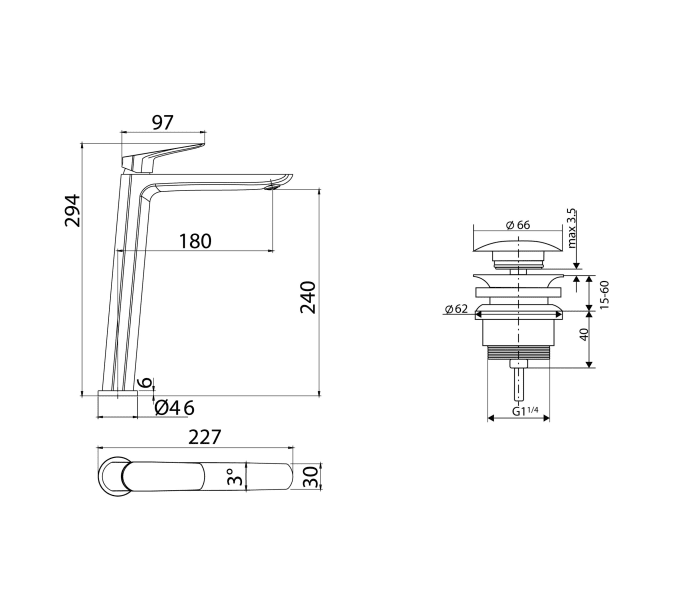 Pack Grifo de lavabo caño alto Imex Bélgica + Válvula click-clack Croquis 4