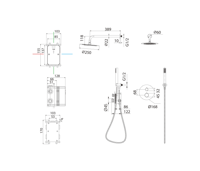 Conjunto de ducha empotrado Imex Bless Croquis 30