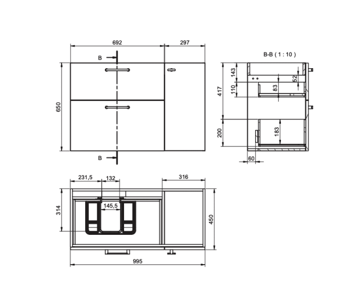 Mueble de baño con banquillo, encimera de madera VisoBath Verso Croquis 15