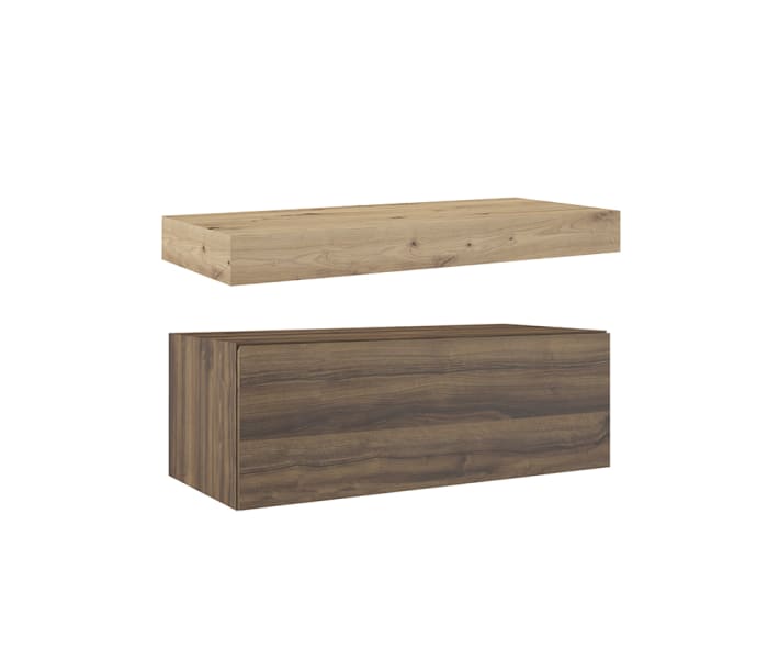 Mueble de baño con encimera de madera 10 cm de altura en color Roble Costa con cajonera Visobath Nomad Principal 2
