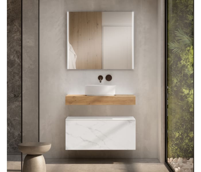 Mueble de baño con encimera de madera 10 cm de altura en color Roble Costa con cajonera Visobath Nomad Principal 2