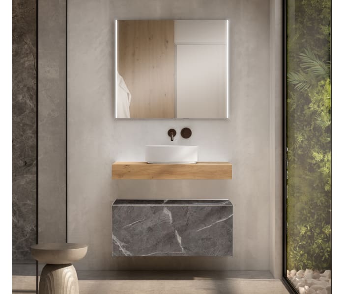 Mueble de baño con encimera de madera 10 cm de altura en color Roble Costa con cajonera Visobath Nomad Principal 3