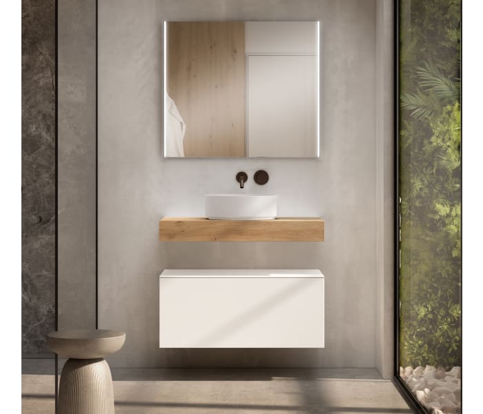 Mueble de baño con encimera de madera 10 cm de altura en color Roble Costa con cajonera Visobath Nomad Principal 0