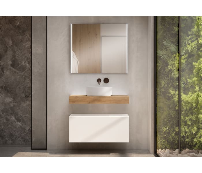 Mueble de baño con encimera de madera 10 cm de altura en color Roble Costa con cajonera Visobath Nomad Principal 0