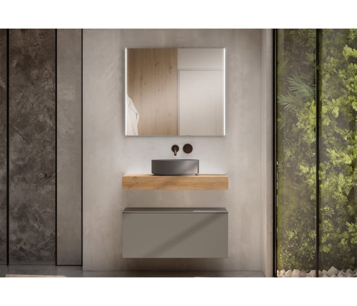 Mueble de baño con encimera de madera 10 cm de altura en color Roble Costa con cajonera Visobath Nomad Principal 7
