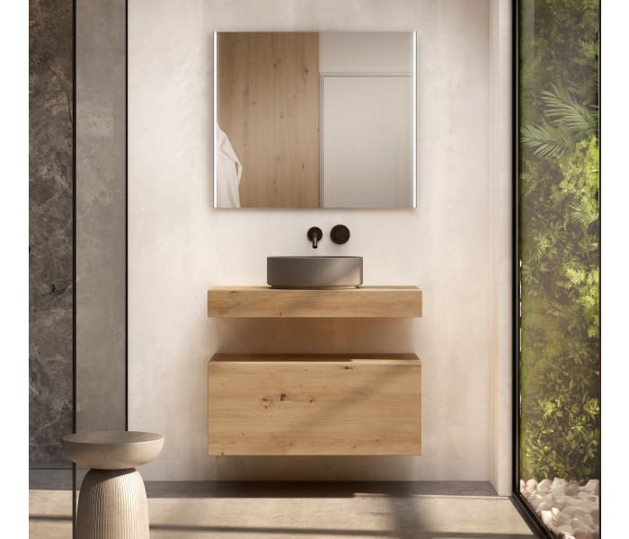 Mueble de baño con encimera de madera 10 cm de altura en color Roble Costa con cajonera Visobath Nomad Principal 4