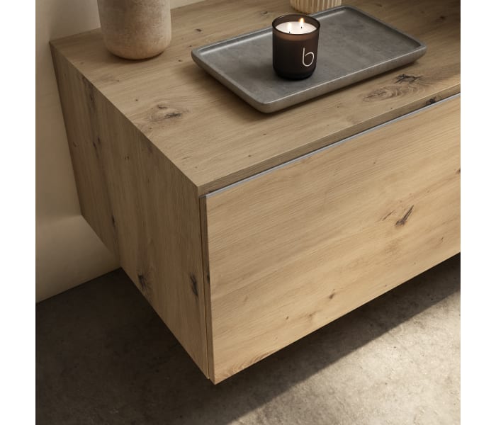 Mueble de baño con encimera de madera 10 cm de altura en color Roble Costa con cajonera Visobath Nomad Detalle 6