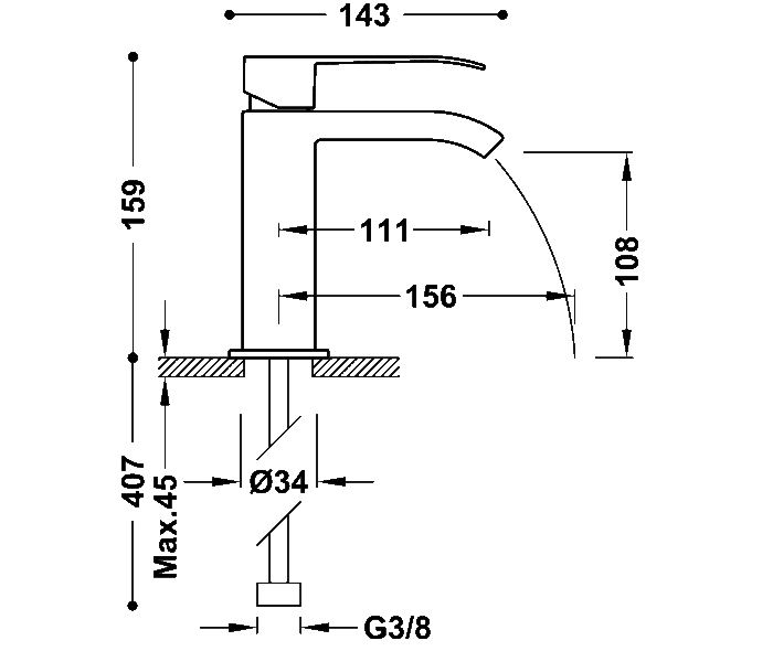 Grifo de lavabo Tres Cuadro Croquis 1