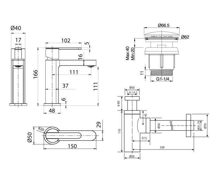 Pack Grifo de lavabo Roma + Válvula click-clack + Sifón Imex Croquis 4