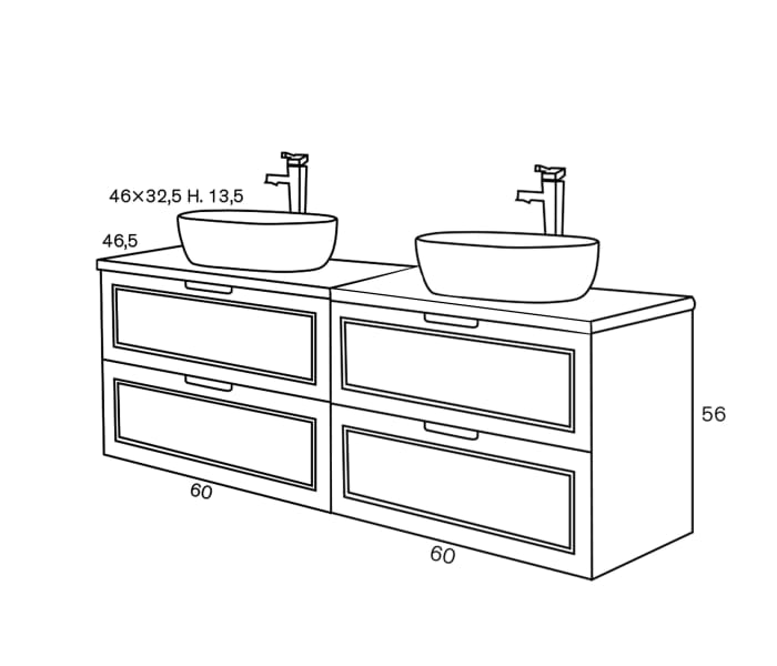 Conjunto mueble de baño con lavabo sobre encimera Sanchís Alma Croquis 3