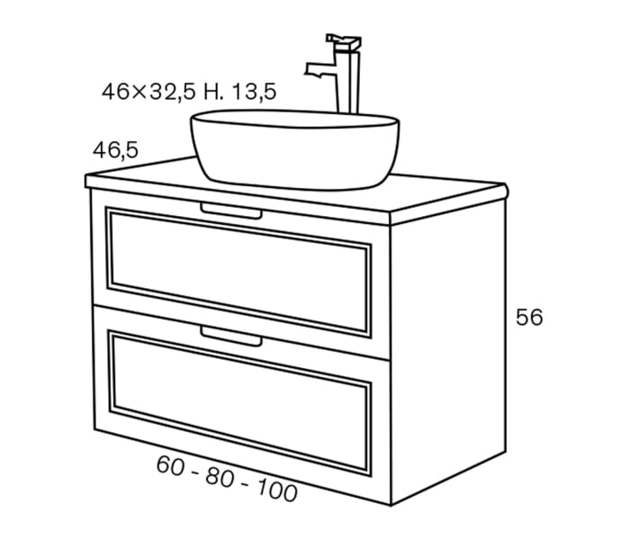 Conjunto mueble de baño con lavabo sobre encimera Sanchís Alma Croquis 2