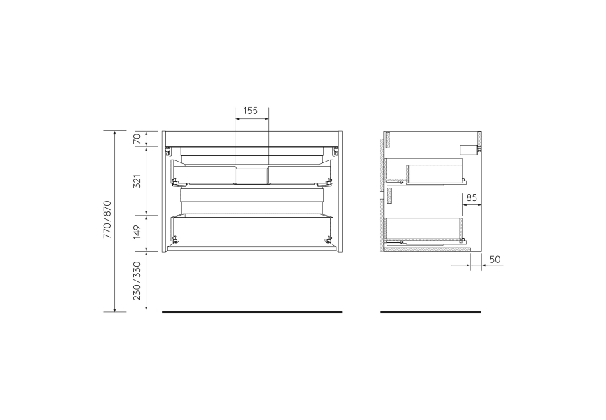 Conjunto mueble de baño con lavabo sobre encimera Salgar Bequia Croquis 14