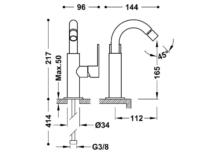 Grifo de bidé Tres Loft Croquis 1