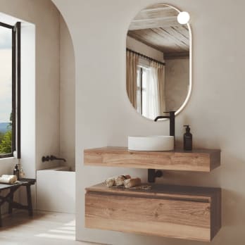 Conjunto mueble de baño color madera con encimera de madera Bruntec Vilma