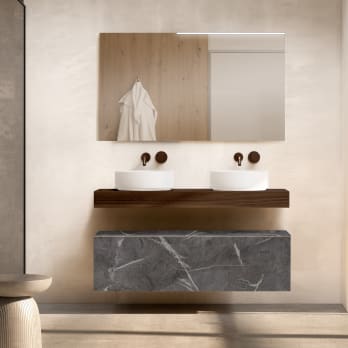 Mueble de baño con encimera de madera 10 cm de altura en color Valenti con cajonera Visobath Nomad