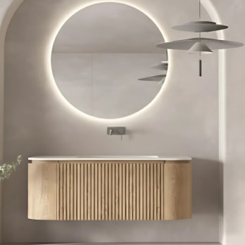 Conjunto de mueble de baño madera varias medidas, maciza de fresno con lavabo Solid Surface Bruntec Evo Curve