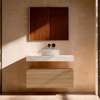 Mueble de baño con encimera HPL resina 10 cm acabado marmoleado Cala con cajonera Visobath Nomad
