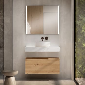 Conjunto mueble de baño con encimera de madera 10 cm de altura en color marmoleado Cala con cajonera Visobath Nomad