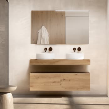 Mueble de baño con encimera de madera 10 cm de altura con cajonera Visobath Nomad monocolor