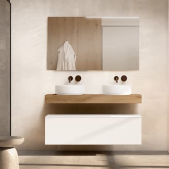 Conjunto mueble de baño con encimera de madera 10 cm de altura en color Roble Costa con cajonera Visobath Nomad