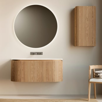 Conjunto mueble de baño madera maciza de fresno con lavabo Solid Surface Bruntec Neo Curve