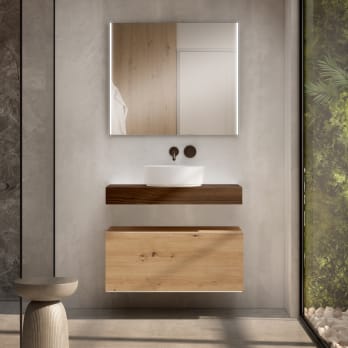 Mueble de baño con encimera de madera 10 cm de altura en color Valenti con cajonera Visobath Nomad