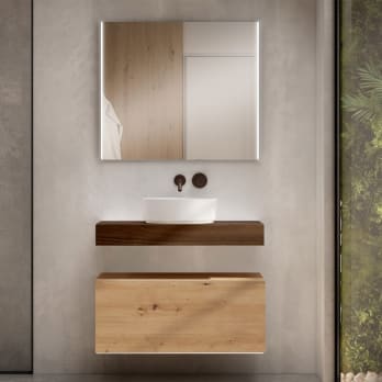 Mueble de baño con encimera de madera 10 cm de altura en color Valenti con cajonera Visobath Nomad