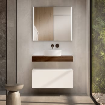 Mueble de baño con encimera de madera 10 cm de altura en color Valenti con cajonera Visobath Nomad