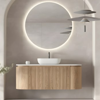 Mueble de baño madera varias medidas, maciza de fresno con encimera Solid Surface Bruntec Evo Curve