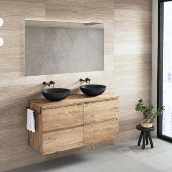 Mueble de bano, lavabo individual - Madera, ratán y travertino