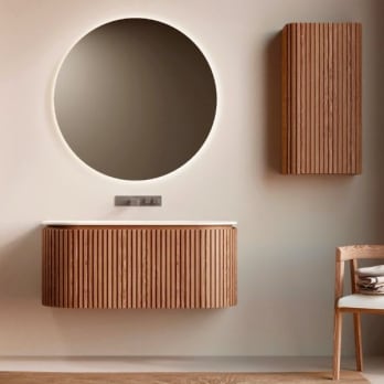 Conjunto mueble de baño 100cm de madera maciza de fresno con lavabo Solid Surface Bruntec Neo Curve