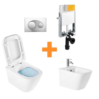 Pack inodoro suspendido + cisterna empotrada + pulsador + bide Unisan Sanindusa Look