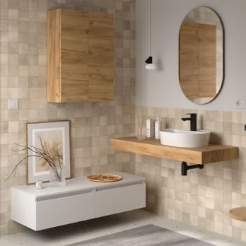 Conjunto mueble de baño con encimera roble y cajonera blanca Salgar Domus
