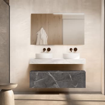 Mueble de baño con encimera de madera 10 cm de altura en color Cala con cajonera Visobath Nomad