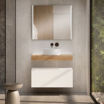 Mueble de baño con encimera de madera 10 cm de altura en color Roble Costa con cajonera Visobath Nomad