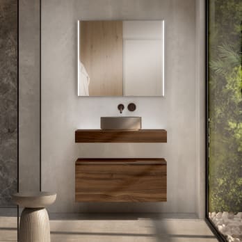 Mueble de baño con encimera de madera 10 cm de altura con cajonera Visobath Nomad monocolor