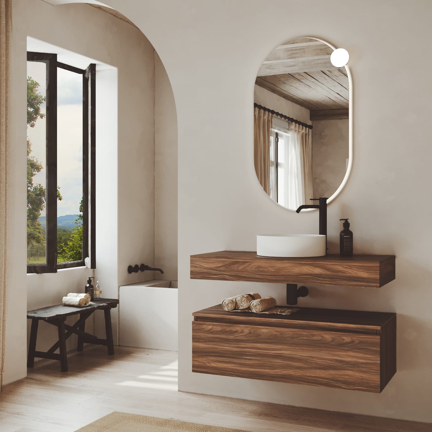 Conjunto mueble de baño color madera con encimera de madera Bruntec Vilma Principal 0