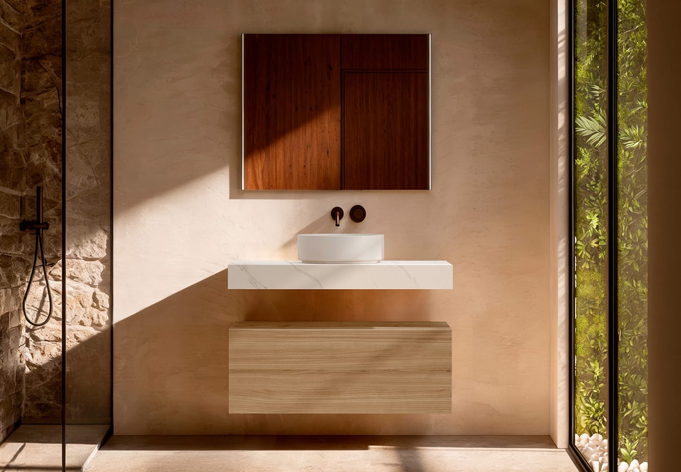 Mueble de baño con encimera HPL resina 10 cm acabado marmoleado Cala con cajonera Visobath Nomad Principal 0