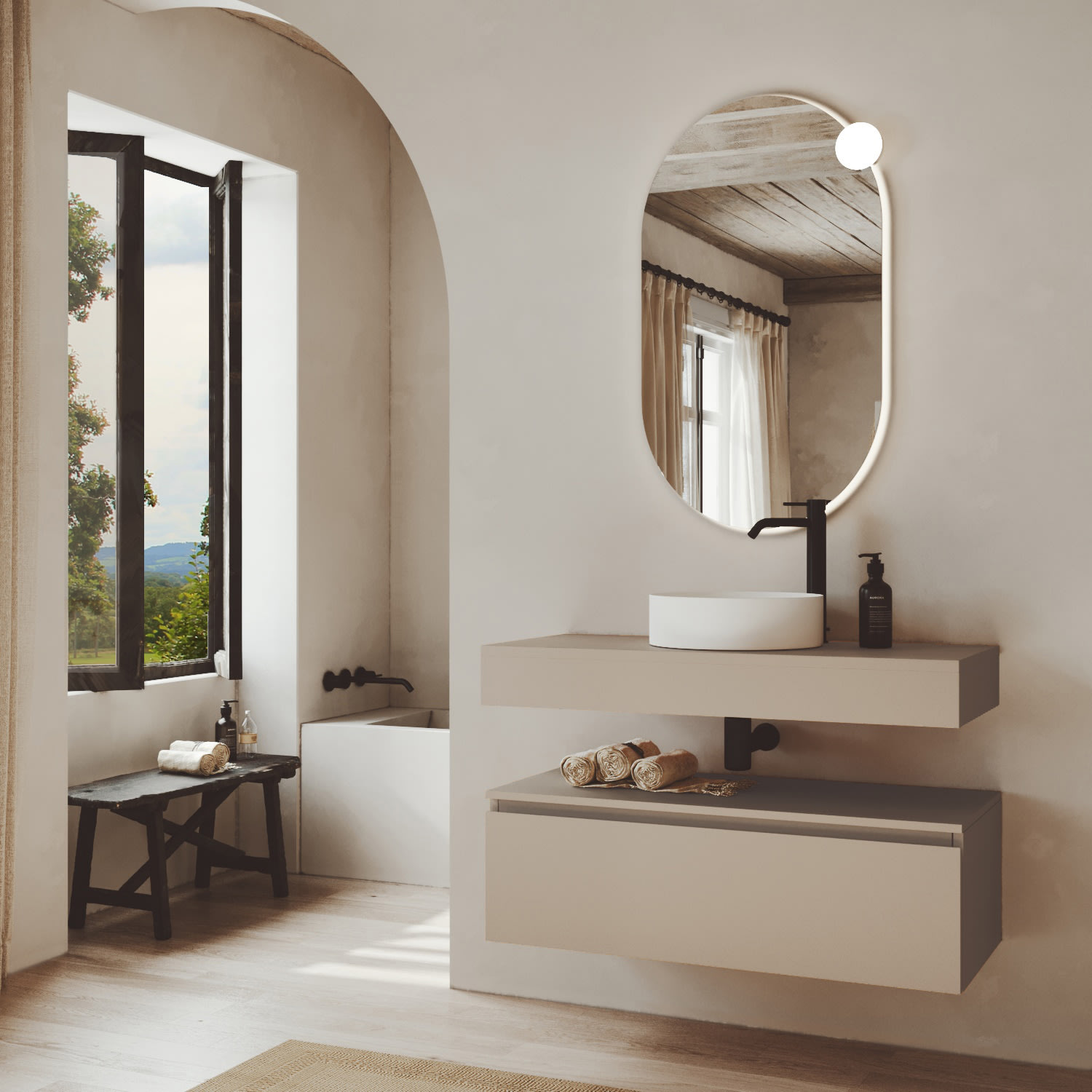 Conjunto mueble de baño MDF lacado con encimera de madera Bruntec Vilma Principal 0