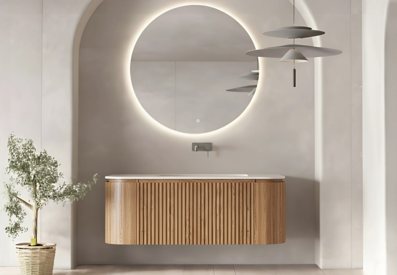 Conjunto de mueble de baño 100 cm de madera maciza de fresno con lavabo Solid Surface Bruntec Evo Curve Principal 0