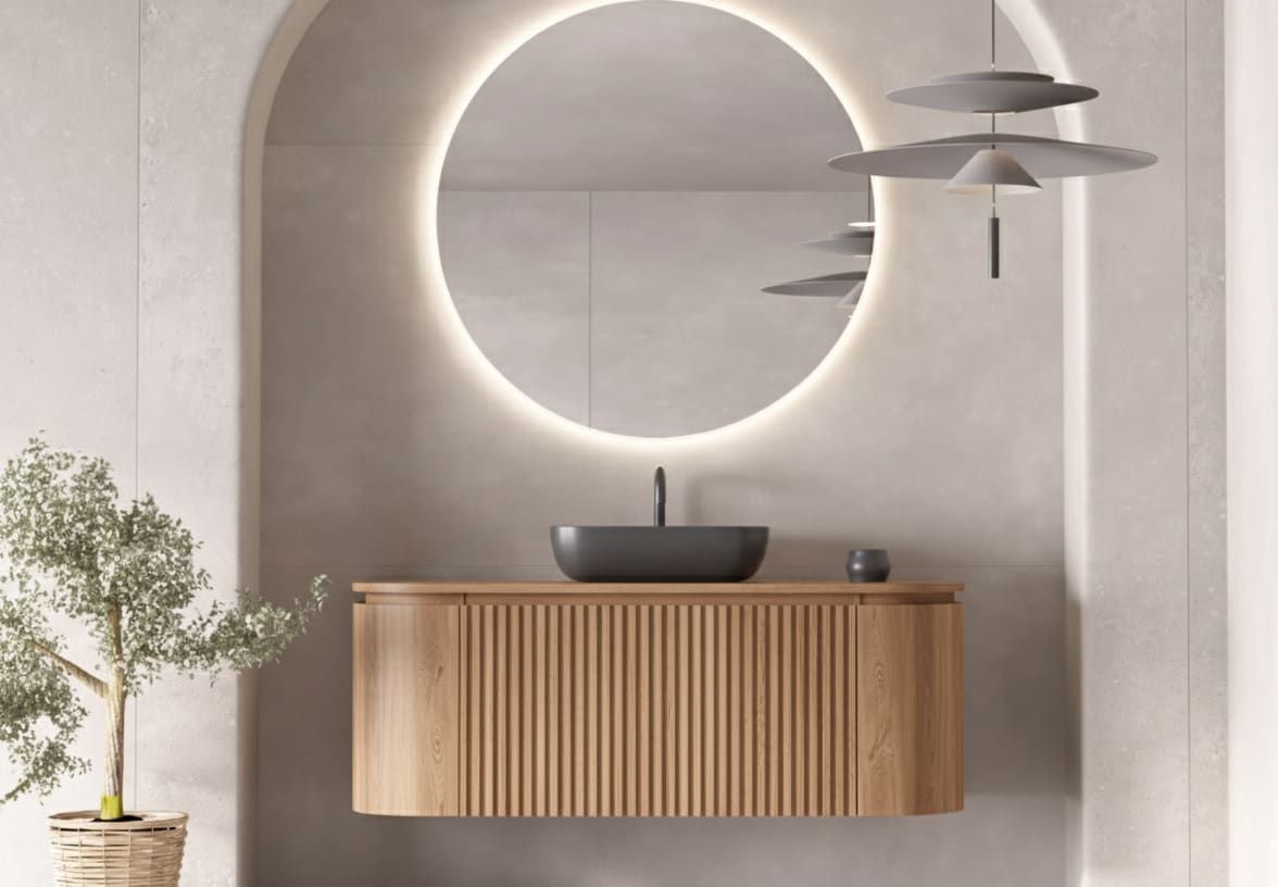 Mueble de baño 100 cm madera maciza de fresno con encimera de madera Bruntec Evo Curve 2 puertas lisas Principal 0