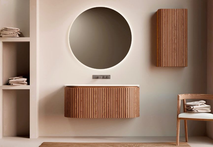 Conjunto mueble de baño madera varias medidas, maciza de fresno con lavabo Solid Suface Bruntec Neo Curve Principal 0
