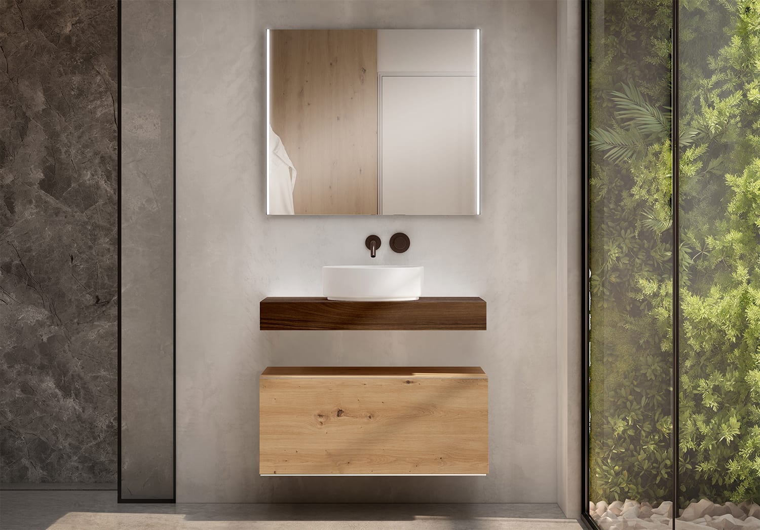 Mueble de baño con encimera de madera 10 cm de altura en color Valenti con cajonera Visobath Nomad Principal 0