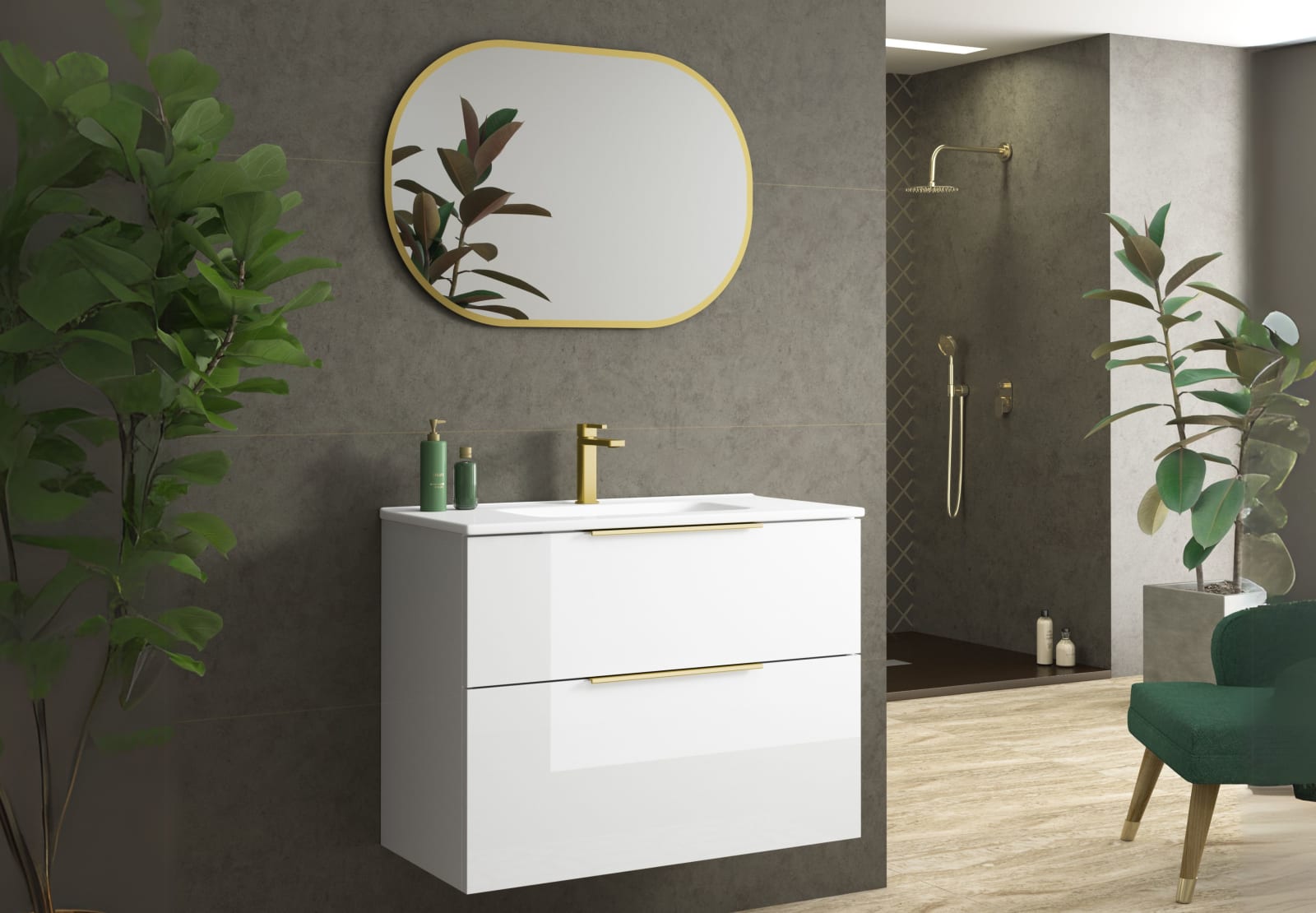 Conjunto mueble de baño fondo reducido 39cm Coycama Comet tirador dorado Principal 0