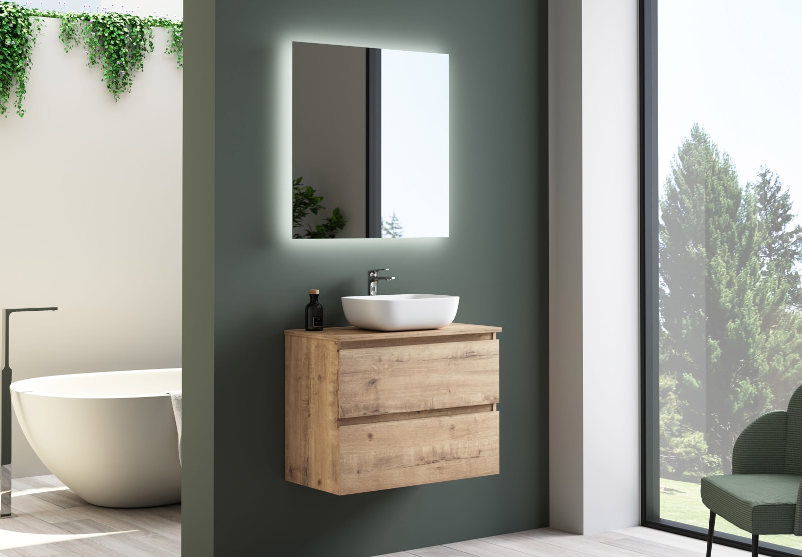 Mueble de baño fondo reducido 39 cm con encimera de madera Bruntec Roma Principal 0