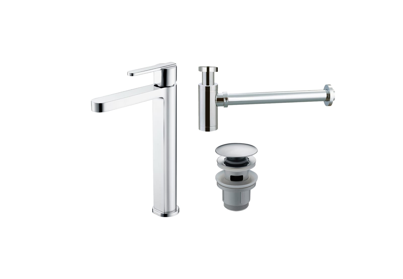 Pack Grifo de lavabo caño alto Imex Roma + Válvula click-clack + Sifón Principal 0
